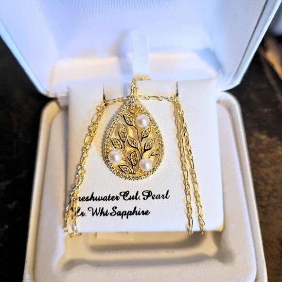 18k Gold Over Sterling Silver Pearl & White Sapphire Necklace - Picture 1 of 7